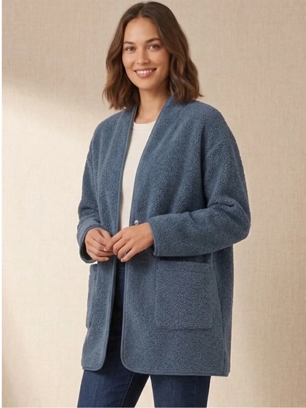J. Jill Blue Boucle Teddy Fleece Lined Sweater Jacket PETITE
